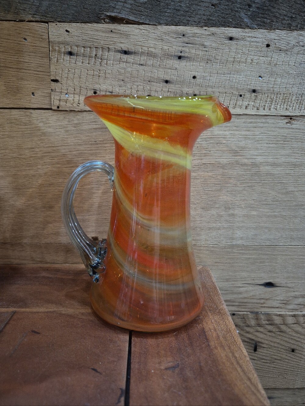 Vintage Hand Blown Glass Pitcher Vase Orange Yellow Swirl Fall Decor Small